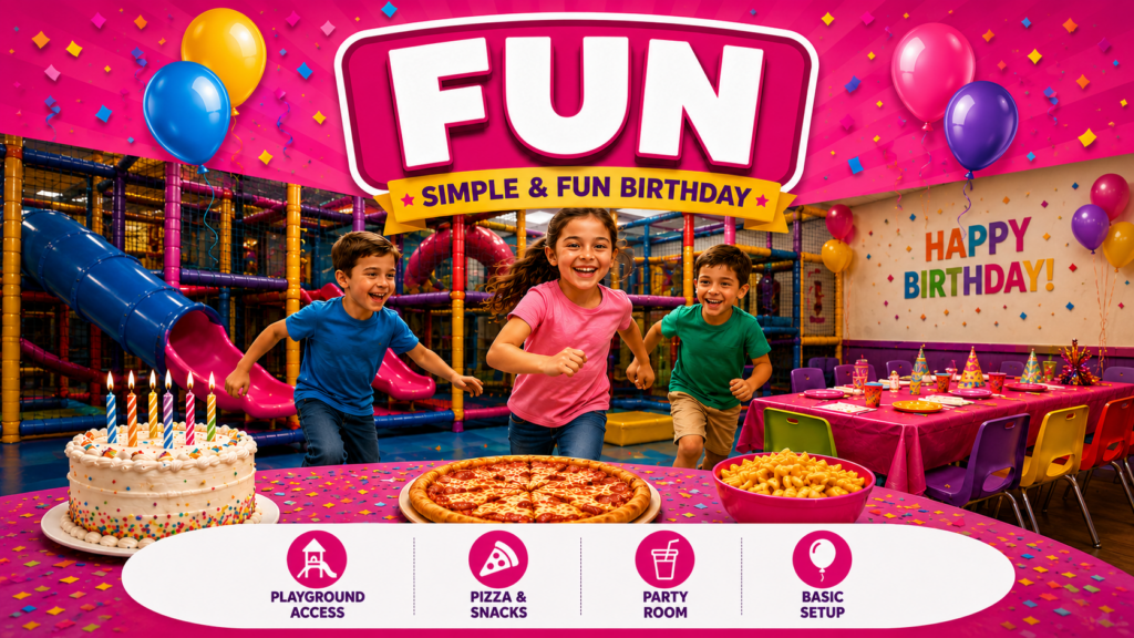 FUN Party Package A fun, affordable birthday celebration with everything you need for a memorable day. Enjoy all-day playground access, delicious pizza and snacks, a private party room, and stress-free fun while the kids play and celebrate together.