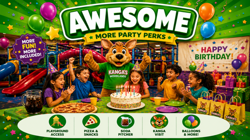 AWESOME Party Package Take your celebration to the next level! The AWESOME Party includes even more birthday perks, all-day play, pizza and snacks, a soda pitcher, a special visit from Kanga, balloons, and more for an unforgettable birthday experience.